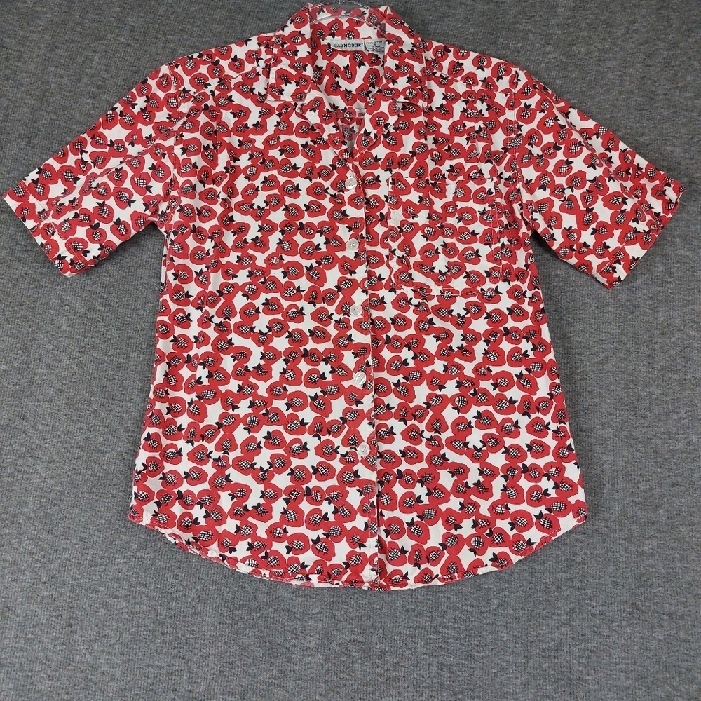 CABIN CREEK WOMENS VTG WHITE RED BLUE APPLE PRINT BUTTON FRONT SHIRT SZ S